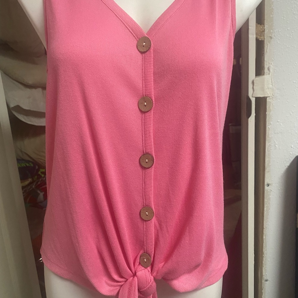 Pink Tie Front Tank Top with Buttoned Detail